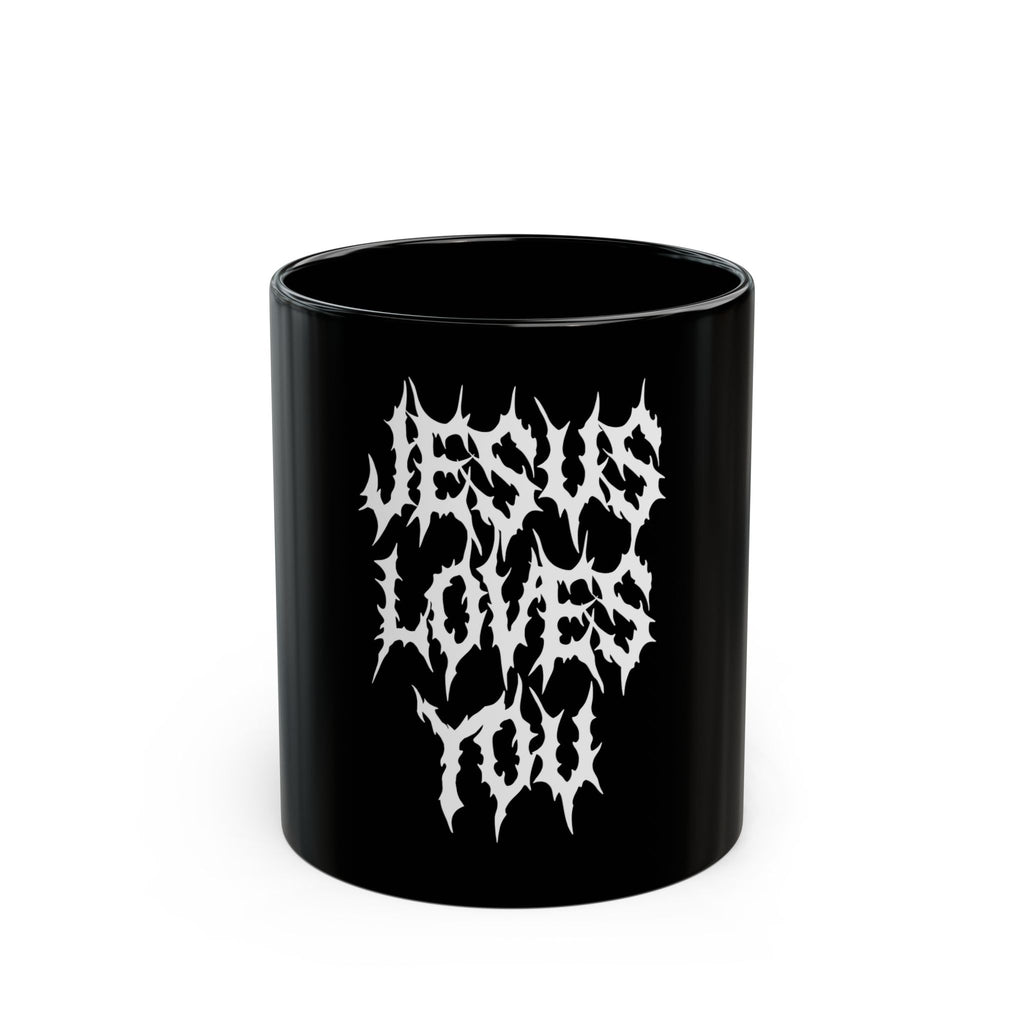 Black Coffee Mug with 'Jesus Loves You' Design, Gothic Style, Gift for Believers, Religious Decor, Inspirational Drinkware