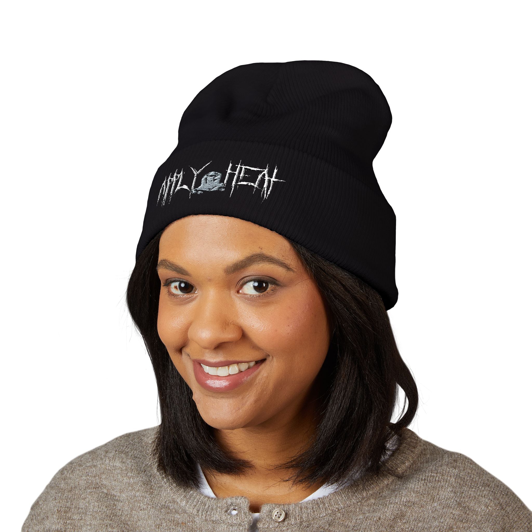 Protest Embroidered 'Apply Heat' Gothic Beanie — Black Cuffed Knit Hat