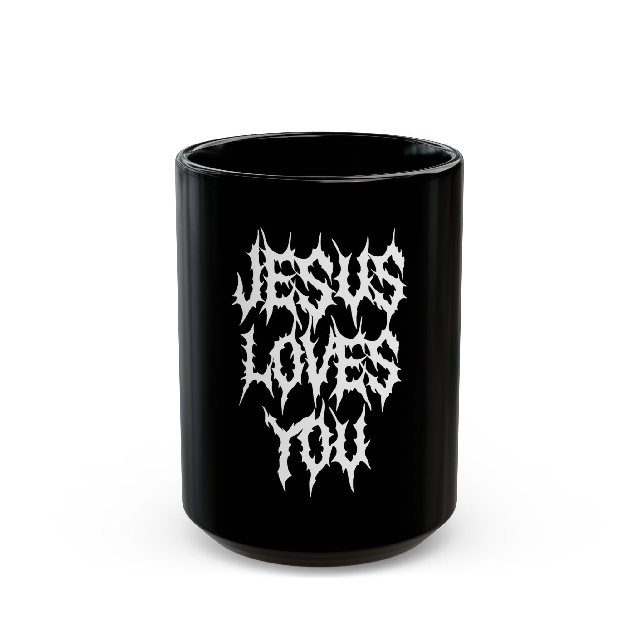 Black Coffee Mug with 'Jesus Loves You' Design, Gothic Style, Gift for Believers, Religious Decor, Inspirational Drinkware
